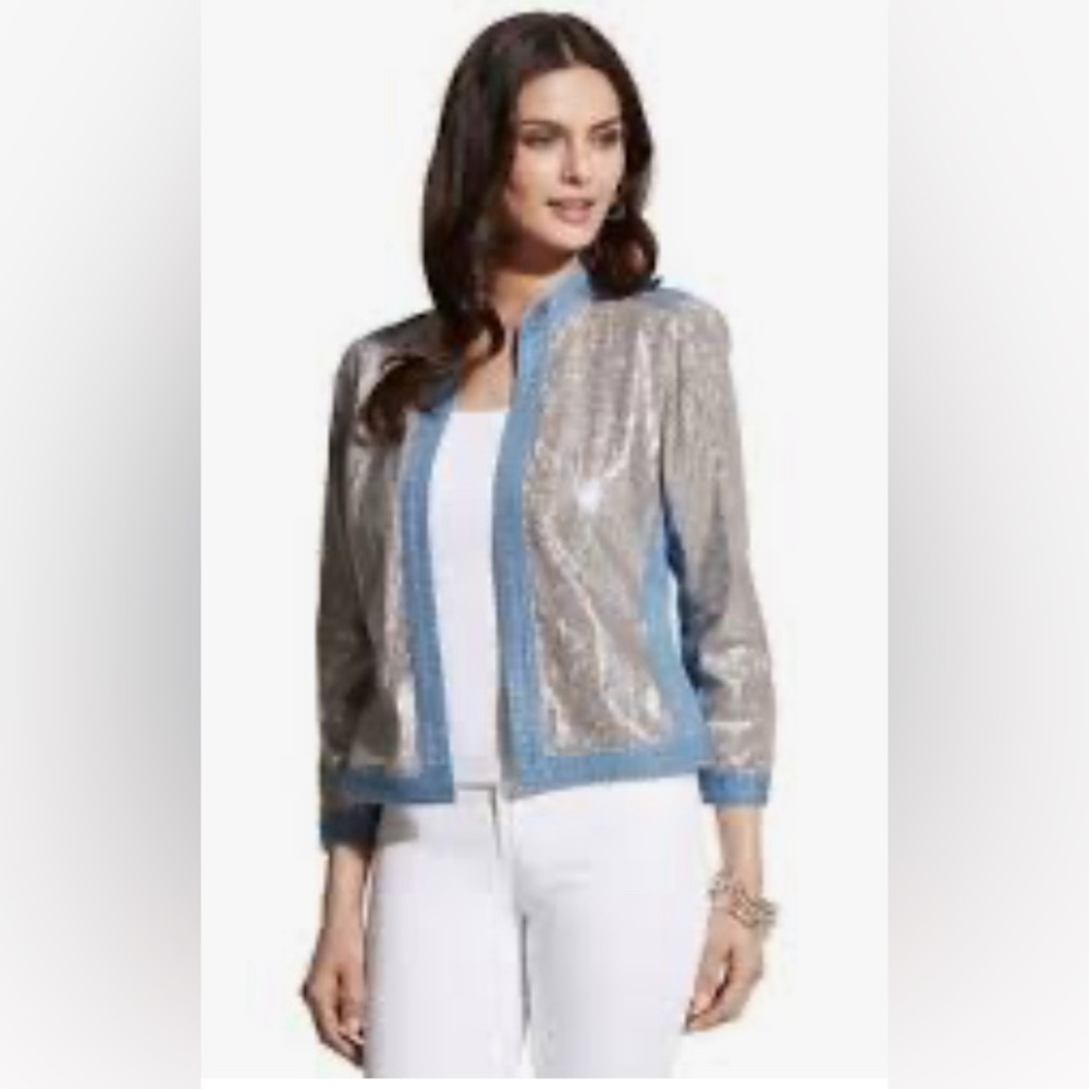 Chicos Sequined Denim Jacket Womens 1 medium ) Open Front